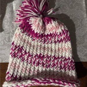 Pink and White Knitted beanie made with 🫶